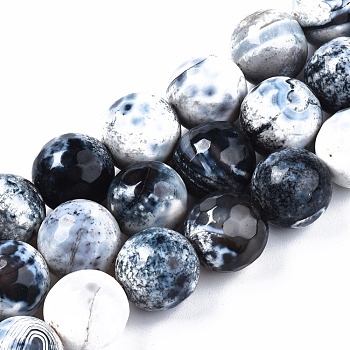 Natural Fire Crackle Agate Beads Strands, Dyed, Round, Faceted, Prussian Blue, 13~14mm, Hole: 1.6mm, about 28~29pcs/strand, 15.16~15.55 inch(38.5~39.5cm)