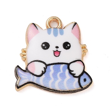 Rack Plating Alloy Enamel Pendants, Golden, Cat with Fish Charm, White, 18x18x3mm, Hole: 2mm