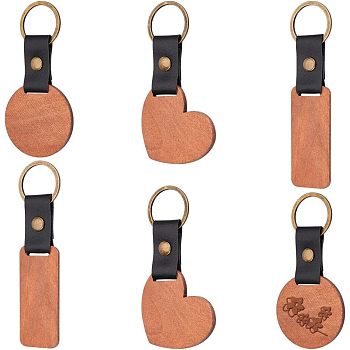 Nbeads 6Pcs 3 Colors Imitation Leather & Wood Keychain, with Iron Findings, Round & Heart & Rectangle, Camel, 10.1~11.9cm, 2pcs/style