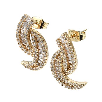 Double Horn Shape Brass Micro Pave Cubic Zirconia Stud Earrings, Long-Lasting Plated, Golden, 22x14mm