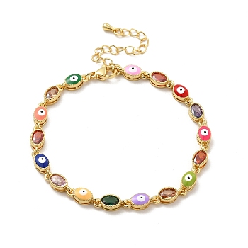 Enamel Evil Eye & Glass Oval Link Chain Bracelet, Golden Brass Jewelry for Women, Colorful, 7-1/4 inch(18.3cm)