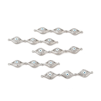Brass Micro Pave Clear Cubic Zirconia Connector Charms, with Enamel, 3 Evil Eye Links, Platinum, White, 63x10x3.8mm, Hole: 1.4mm