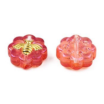 Transparent Spray Painted Glass Beads, with Glitter Powder and Golden Plated Brass Findings, Flower with Bees, Tomato, 12x12x5mm, Hole: 1mm