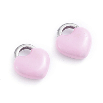 304 Stainless Steel Charms, Enamelled Sequins, Lock, Stainless Steel Color, Pink, 11x9.5x3.5mm, Hole: 3.5x2.5mm