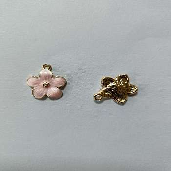 Zinc Alloy Enamel Pendants, Flower, Golden, Pink, 16.5x14.5x2.5~3mm, Hole: 1.5mm