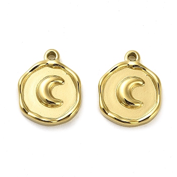 304 Stainless Steel Pendant, Real 14K Gold Plated, Flat Round Charm, Moon, 15.5x12x3mm, Hole: 1.5mm