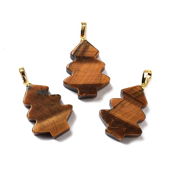 Natural Tiger Eye Pendants, Christmas Tree Charms with Rack Plating Brass Snap on Bails, Golden, 34x20x5mm, Hole: 8x5mm