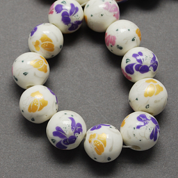 Handmade Printed Porcelain Beads, Round, Mauve, 12mm, Hole: 2mm