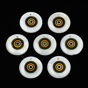 Printed Freshwater Shell Charms, with Enamel, Flat Round, Olive Drab, 17.5~18.5x2.5~3.5mm, Hole: 1.2mm