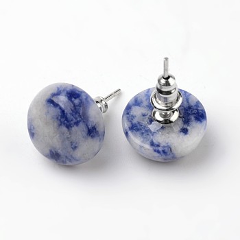 Half Round Dome Natural Blue Spot Jasper Stud Earrings, with Platinum Plated Brass Findings, 18mm, Pin: 0.8mm