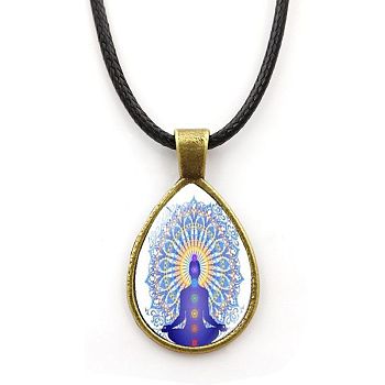 Yoga Theme Alloy Teardrop Pendant Necklace with Wax Rope for Women, Sky Blue, 16.93 inch(43cm)