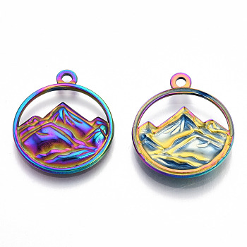 201 Stainless Steel Pendants, Flat Round with Mountain Charm, Rainbow Color, 24x20x3mm, Hole: 1.8mm