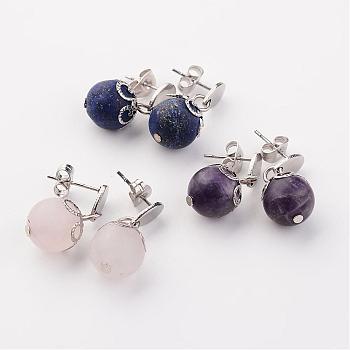 Natural Gemstone Stud Earrings, with 304 Stainless Steel Teardrop Ear Stud Components and Iron Findings , 22mm, Pin: 0.7mm
