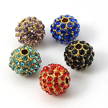 Alloy Rhinestone Beads, Grade A, Round, Golden Metal Color, Mixed Color, 10mm