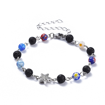Natural Lava Rock Bead Bracelets, with Alloy Findings, Millefiori Glass Round-Single Flower Bead and Brass Curb Chains, Starfish/Sea Stars, Colorful, 7-5/8 inch(19.5cm)