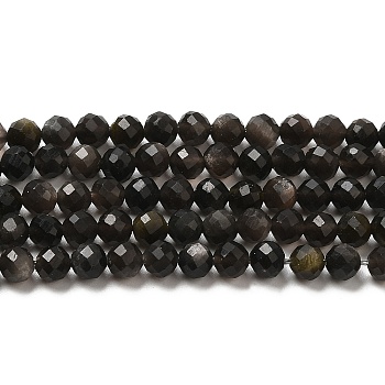 Natural Silver Sheen Obsidian Beads Strands, Round, Faceted, 4mm, Hole: 0.7mm, about 92pcs/strand, 15.43''(39.2cm)