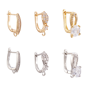 12Pcs 6 Style Brass Micro Pave Cubic Zirconia Hoop Earring Findings, with Latch Back Closure, Ear Wire, Platinum & Golden, 17.5~19x2.5~8x12.5~17.5mm, Pin: 0.8~1.2mm, 2pcs/style