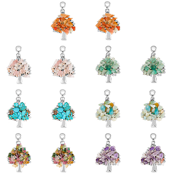 28Pcs 7 Styles Chakra Alloy European Dangle Charms, Large Hole Pendant, with Natural & Synthetic Gemstone Chip Beads, Tree, Antique Silver, 28~38x24x3~5mm, Hole: 4~4.5mm, 4pcs/style