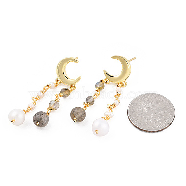 Natural Pearl & Sunstone Beaded Moon Tassel Dangle Stud Earrings(EJEW-T019-02G)-5