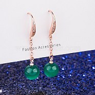 Round Imitation Agate Dangle Earrings for Girl Women, Long Tassel Brass Micro Pave Cubic Zirconia Earrings, Green, Rose Gold(EJEW-BB46369-B)