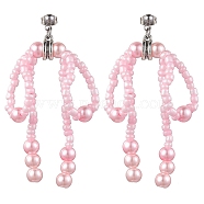 Glass Seed & Imitation Pearl Bowknot Dangle Stud Earrings, 304 Stainless Steel Long Drop Earrings, Pearl Pink, 67x47mm(EJEW-MZ00124)