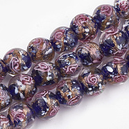 Handmade Gold Sand Lampwork Beads, Inner Flower, Round, Blue, 12~12.5x10.5~12mm, Hole: 1.5~2mm(LAMP-T006-08B)