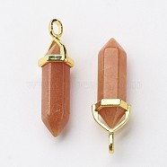 Natural Red Aventurine Double Terminated Pointed Pendants, with Random Alloy Pendant Hexagon Bead Cap Bails, Golden, Bullet, 37~40x12.5x10mm, Hole: 3x4.5mm(G-G902-B19)