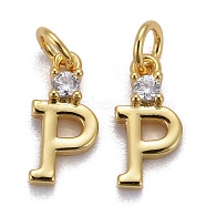 Brass Micro Pave Clear Cubic Zirconia Pendants, with Jump Rings, Real 18K Gold Plated, Long-Lasting Plated, Letter, Letter.P, 10.5x5x2mm(ZIRC-Z011-35P)