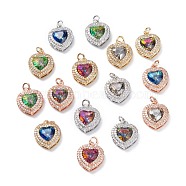 Brass Micro Pave Cubic Zirconia Pendants, Heart, Mixed Color, 16.5x14x6mm, Hole: 3.4mm, Jump Ring: 5x0.8mm(KK-G404-A-01)