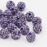 Polymer Clay Rhinestone Beads, Pave Disco Ball Beads, Grade A, Half Drilled, Round, Violet, PP9(1.5.~1.6mm), 6mm, Hole: 1.2mm(RB-H284-6MM-Half-371)