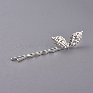 Iron Hair Bobby Pins, with Brass Findings, Leaf, Silver Color Plated, 64x4mm, Leaf: 27x12mm(IFIN-L035-07S)