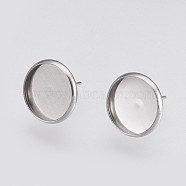 202 Stainless Steel Stud Earring Settings, with 304 Stainless Steel Pin, Flat Round, Stainless Steel Color, Tray: 12mm, 14x2mm, Pin: 0.8mm(X-STAS-I088-E-02P)
