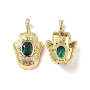 Brass Micro Pave Clear Cubic Zirconia Pendants, with Glass, Hamsa Hand Charm, Real 18K Gold Plated, 23.5x14x5mm, Hole: 2x3mm(KK-E068-VF329)