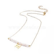 Natural Freshwater Pearl Pendant Necklaces, with Brass Cable Chains, 304 Stainless Steel Letter Charms and Lobster Claw Clasps , Letter.M, 18.3 inch(46.5cm), Letter M: 11x10.5x0.6mm(NJEW-JN02862-04)