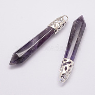 Natural Amethyst Big Pointed Pendants, with Alloy Findings, Bullet, Platinum, 57~63x13x10mm, Hole: 3x4mm(G-D860-C22-P)