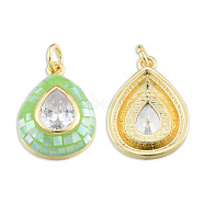 Brass Pave Clear Cubic Zirconia Pendants, with Jump Rings and Shell, Enamel, Real 18K Gold Plated, Nickel Free, Teardrop, Light Green, 19x13.5x4.5mm, Jump Ring: 5x1mm, 3mm inner diameter(KK-N227-94E)