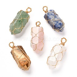 Natural Mixed Gemstone Pendants, with Real 18K Gold Plated Eco-Friendly Copper Wire, Bullet, 44~47x16~17x15mm, Hole: 4.5~5mm(PALLOY-JF00913)