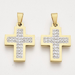 201 Stainless Steel Pendants, with Random Size Snap On Bails and Polymer Clay Crystal Rhinestones, Cross, Golden, 24x17x2~3mm, Hole: 7~10x3~5mm(STAS-N089-94G)