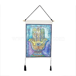 Polyester Decorative Wall Tapestrys, for Home Decoration, with Wood Bar, Nulon Rope, Plastic Hook, Rectangle, Hamsa Hand Pattern, 670x348x1.2mm(AJEW-C024-01P)