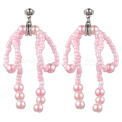 Glass Seed & Imitation Pearl Bowknot Dangle Stud Earrings, 304 Stainless Steel Long Drop Earrings, Pearl Pink, 67x47mm(EJEW-MZ00124)