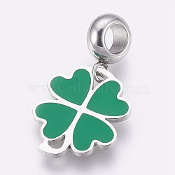 304 Stainless Steel European Dangle Charms, Large Hole Pendants, with Enamel, Clover, Stainless Steel Color, Sea Green, 26mm, Hole: 4mm, Pendant: 16.5x14x1mm(X-STAS-O097-08B)