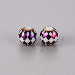 Electroplate Glass Beads, Round with Grid Pattern, Purple Plated, 10mm, Hole: 1.2mm(EGLA-Q123-013E)