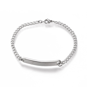 304 Stainless Steel ID Bracelets, with Curb Chains and Lobster Claw Clasps, Stainless Steel Color, 20cm(7-7/8 inch)
