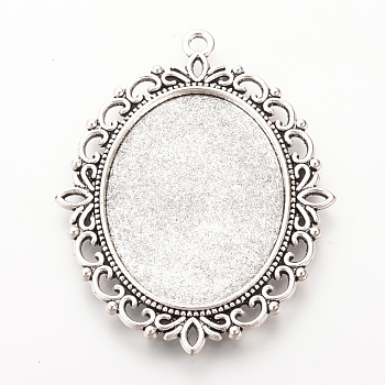 Tibetan Style Alloy Big Pendant Cabochon Settings, Double-sided Tray, Cadmium Free & Lead Free, Oval, Antique Silver, Tray: 30x40mm, 61x47x3mm, Hole: 2.5mm, about 80pcs/1000g