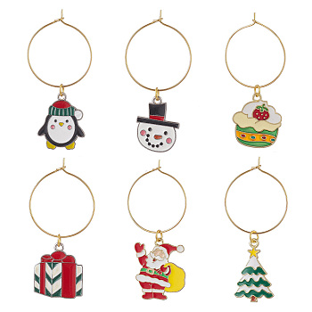 Christmas Theme Alloy Enamel Wine Glass Charms, with Brass Rings, Mixed Shapes, Platinum & Golden, 46.5~52.5mm, 6pcs/set