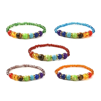 Natural Mixed Stone & Glass Seed Beaded Stretch Bracelet for Women, Mixed Color, Inner Diameter: 2-1/4 inch(5.6cm)