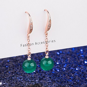 Round Imitation Agate Dangle Earrings for Girl Women, Long Tassel Brass Micro Pave Cubic Zirconia Earrings, Green, Rose Gold