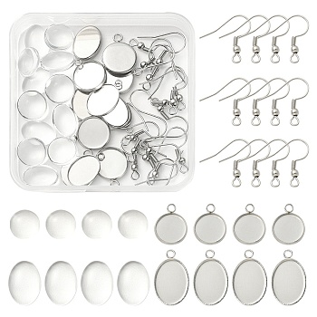 DIY Blank Dome Dangle Earrings Making Kit, Including 304 Stainless Steel Flat Round Pendant Cabochon Settings & Earring Hooks, Glass Cabochons, Stainless Steel Color, 39Pcs/box
