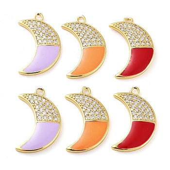 Brass Micro Pave Clear Cubic Zirconia Pendants, with Enamel, Real 18K Gold Plated, Moon Charm, Mixed Color, 24.5x15x2.5mm, Hole: 1.8mm
