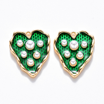 Brass Enamel Pendants, with ABS Plastic Imitation Pearl, Nickel Free, Heart, Real 18K Gold Plated, Green, 17x13.5x4mm, Hole: 1mm